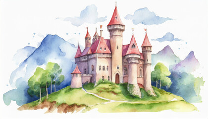 Watercolor illustration of magic castle on hill, forest and mountains, natural landscape scenery. Fairy tale building