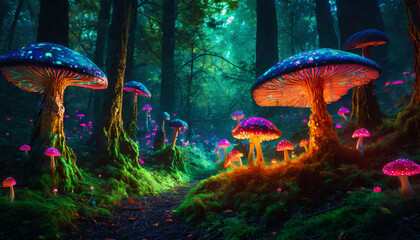 Forest landscape, glowing fungus, fantasy mushrooms in mystery dark forest, fairy tale mystical background