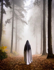 Person in the forest, mystic nun in the woods, morning fog