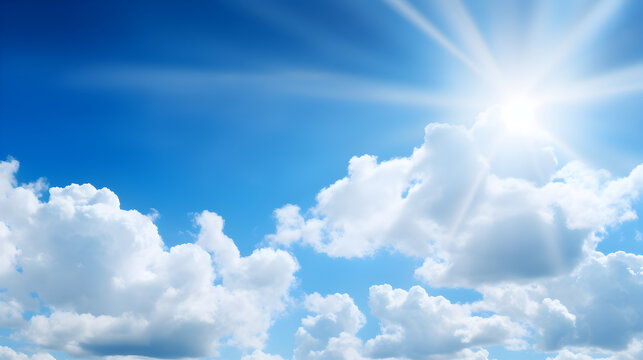 Blue sky, sun, and beautiful white clouds. Wide photograph.