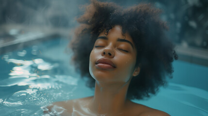 Young Black Woman Relaxing in a Spa's Hot Tub - obrazy, fototapety, plakaty