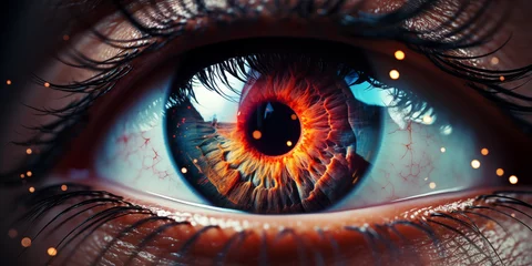 Zelfklevend Fotobehang Human eye closeup with space nebula contained in the iris. © Sugarpalm