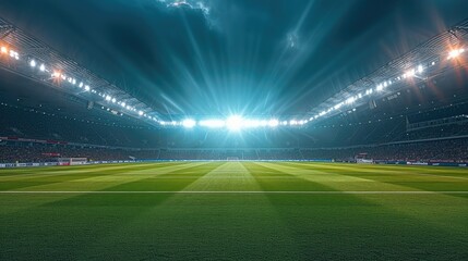 Stadium lights pierce the dark night sky, Soccer match. Generative AI.