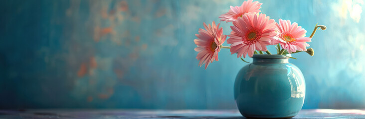 Floral Beauty: A Blooming White Gerbera in a Pink Vase, Decoration on a Wooden Table