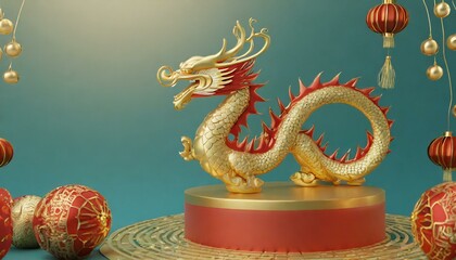 Fototapeta premium CNY Extravaganza: 3D Chinese Dragon Podium in Celebration of the Lunar New Year's Prosperity and Joy