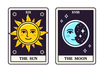The Sun and The Moon Tarot cards in simple modern cartoon style. Vector clip art illustration.