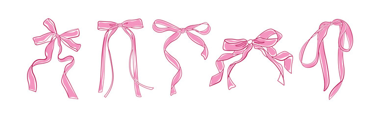 Hand drawn pink bow of coquette soft style. Cute pink ribbon bow collection vector	 - obrazy, fototapety, plakaty