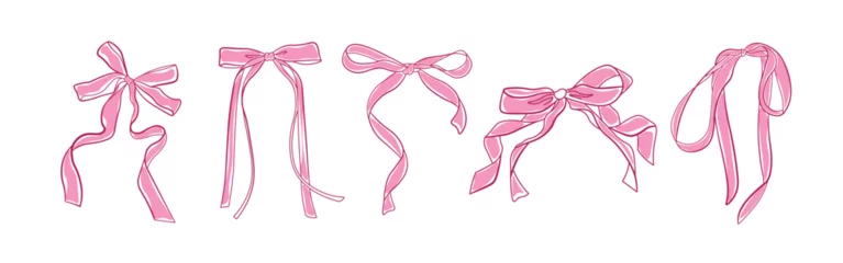 Foto op Aluminium Hand drawn pink bow of coquette soft style. Cute pink ribbon bow collection vector  © NaganLeee