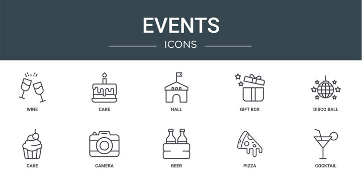 set of 10 outline web events icons such as wine, cake, hall, gift box, disco ball, cake, camera vector icons for report, presentation, diagram, web design, mobile app