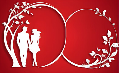 Couple white silhouette. red background with copy space. Generative AI