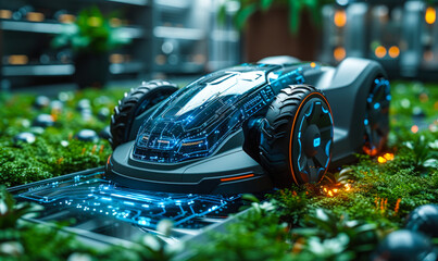Futuristic robotic lawn mower with advanced technology interface cutting lush green grass in an eco-friendly garden, showcasing modern gardening solutions - obrazy, fototapety, plakaty