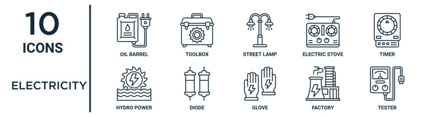 electricity outline icon set such as thin line oil barrel, street lamp, timer, diode, factory, tester, hydro power icons for report, presentation, diagram, web design