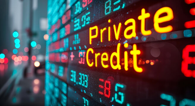 Dynamic business stock market display showcasing Private Credit in bright neon lights, reflecting financial data, investment trends, and private lending industry