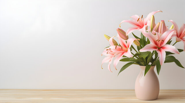 Beautiful pink lily flowers in vase on wooden table.