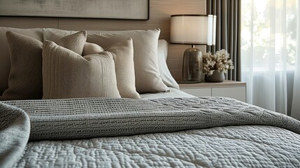 Detail of grey bedspread in modern bedroom. Generative AI. - obrazy, fototapety, plakaty