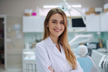 Portrait of young woman dentist standing in dental office