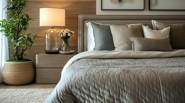 Detail of grey bedspread in modern bedroom. Generative AI.