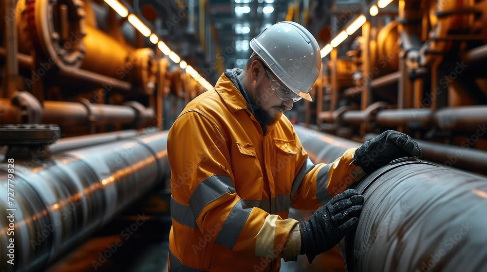 Aufkleber an engineer in a structural steel uniform is on site to check the operation of the slurry pipeline. 