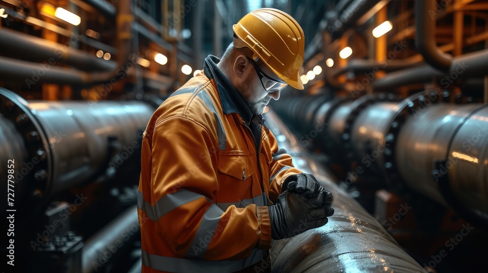 Aufkleber an engineer in a structural steel uniform is on site to check the operation of the slurry pipeline. 