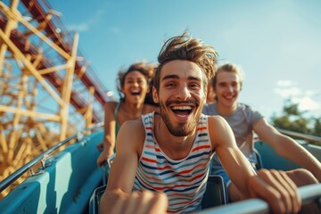 Fototapeta na wymiar Happy friends having fun on roller coaster in an amusement park
