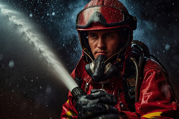 Fototapeta premium Firefighter extinguish a fire using a spraying hose