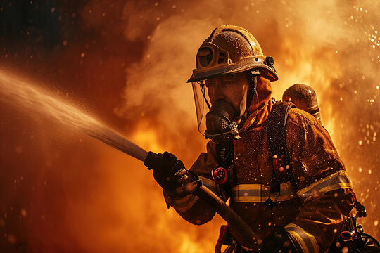 Firefighter extinguish a fire using a spraying hose