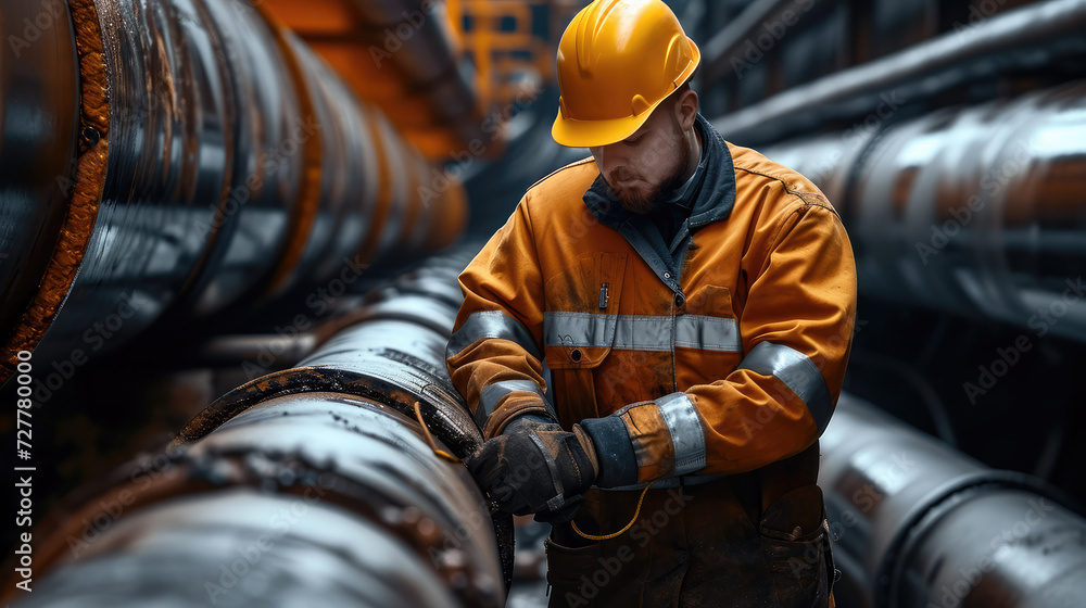 Aufkleber An engineer in a structural steel uniform is on site to check the operation of the slurry pipeline. Generative AI.