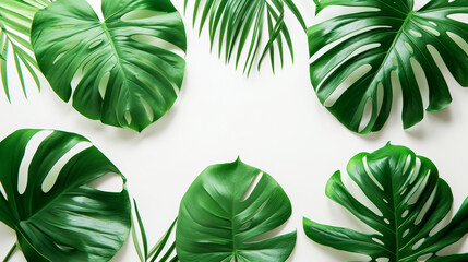 Frame of tropical monstera leaves. Top view. Copy space. White background. Invitation card concept. Generative AI