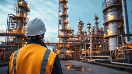 Worker supervisor wear safety helmet standing against oil refinery plant in heavy petrochemical industry estate. Generative AI.