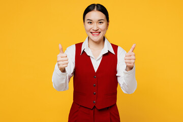 Young smiling happy fun corporate lawyer employee business woman of Asian ethnicity wear formal red...