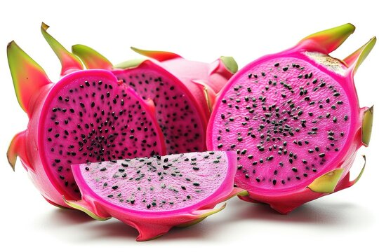 Whole and sliced vivid pink dragon fruit isolated on white background. Generative AI. - Powered by Adobe