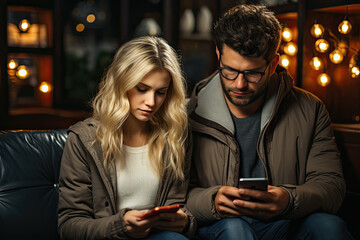 Digital Connection: man and woman, absorbed in their digital realm, sit on a couch, sharing an intimate moment while engrossed in their cell phones