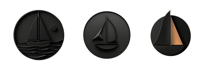 Black sailboat 3d logo isolated on transparent background png. - obrazy, fototapety, plakaty