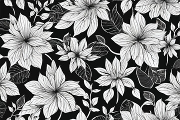 Seamless floral background. Floral pattern. Black and white seamless floral pattern. Black paint vector illustration with abstract floral art. Textiles, paper, wallpaper decoration. Vintage background