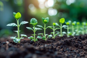 Green seedling growing in soil on blurred nature background, Concept of planting seedlings of Ecology, agriculture and environmental.
