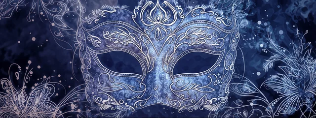 Poster a blue and gold decorative carnival venice mask with a floral background, design template for advertisement, announcement, space for text, celebration, invitation, greeting card, cover, illustration © Nina