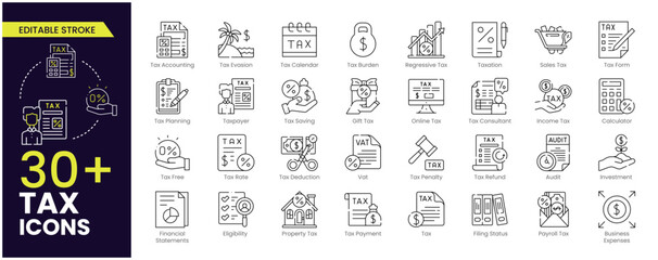 Tax Stroke icon set. Containing tax refund, tax deduction, payment, tax accounting, calculator, taxpayer, VAT, taxation and income icons. Solid icon collection. Editable Outline Icons - obrazy, fototapety, plakaty