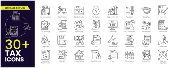 Fotobehang Tax Stroke icon set. Containing tax refund, tax deduction, payment, tax accounting, calculator, taxpayer, VAT, taxation and income icons. Solid icon collection. Editable Outline Icons © Iconic Space