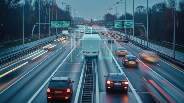 A plate recognition system in operation on a motorway. Generative AI.