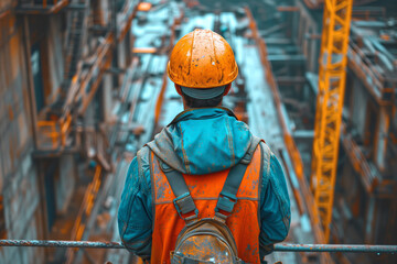 Construction worker in safety gear overseeing the site, back view