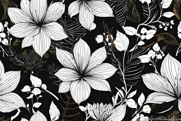 Seamless floral background. Floral pattern. Black and white seamless floral pattern. Black paint vector illustration with abstract floral art. Textiles, paper, wallpaper decoration. Vintage background