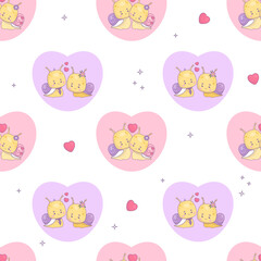 Seamless pattern with loving couple snails on white background with hearts. Funny kawaii insect girl and boy character. Vector illustration. romantic valentine backdrop