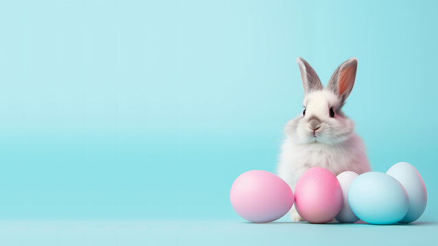 Easter bunny sits near eggs on a light blue background, Easter, Wallpaper