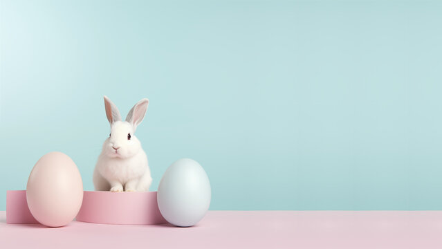 Easter bunny sits near eggs on a light blue background, Easter