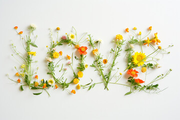 Letters ‘Love’ crafted in flowers on a clean, light background Generative AI