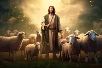 Jesus shepherd standing with his sheep, bathed in the ethereal glow of the setting sun, emanating a sense of peace and guardianship.