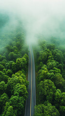 Aerial view of asphalt road highway along green mystery forest with fog. Travel concept. Generative AI