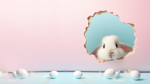 Easter bunny crawls out of hole, search for Easter eggs, Easter, Wallpaper