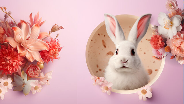 Easter bunny crawls out of hole, spring flowers, Easter, pink wallpaper