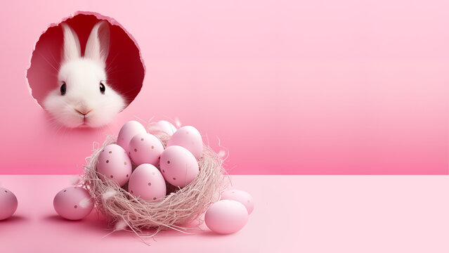 Easter bunny crawls out of hole, nest with Easter eggs, Easter, pink wallpaper